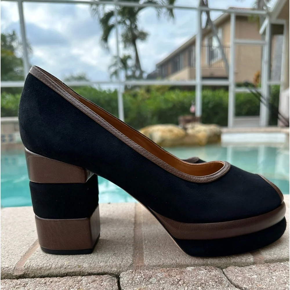 Tory Burch 70s Peep-Toe Leather & Suede Platform Pumps Women’s Size 8.5